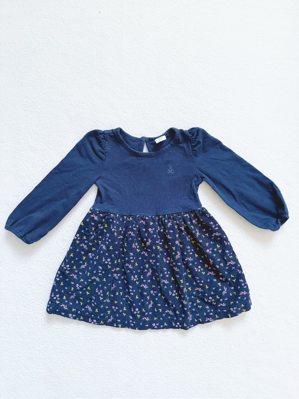 Baby GAP Girl Navy Floral Long Sleeve Corduroy Drop Waist Cotton Knit Dress 3T